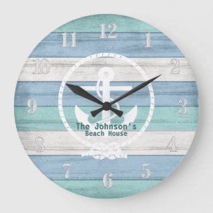 Blue Beach Wood Nautical Stripes & Anchor  Large C Clock