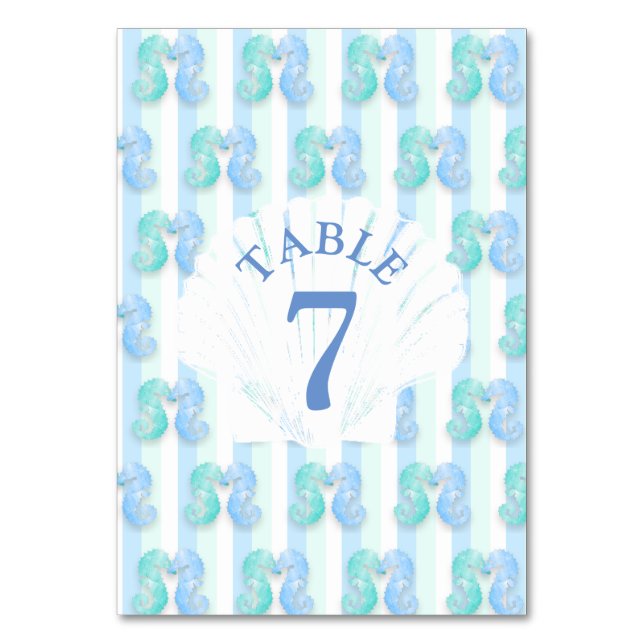 Blue Beachy Seahorse Wedding Table Number Card (Front)