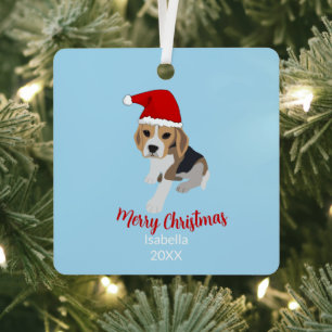 BLUE BEAGLE PUPPY DOG IN CHRISTMAS SANTA HAT XMAS METAL TREE DECORATION