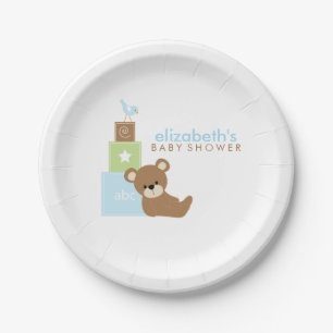 Blue Bear and Toy Blocks Baby Shower Paper Plate