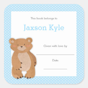 Blue Bear Baby Shower Bookplate, boy book plate Square Sticker