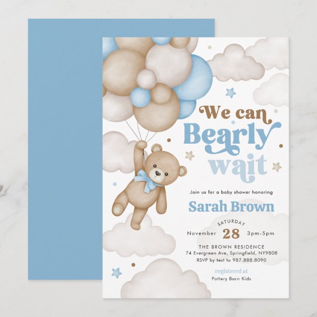 Blue Bear Balloon Baby Shower Invitation (Front/Back)