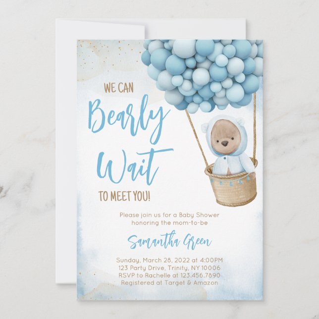 Blue Bear Balloon Baby Shower Invitation (Front)