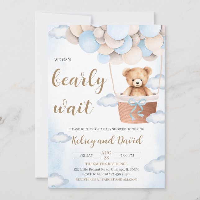 Blue Bear Balloon Baby Shower Invitation (Front)
