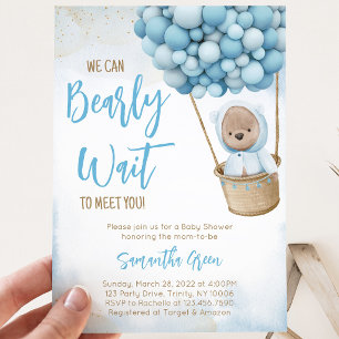 Blue Bear Balloon Baby Shower Invitation