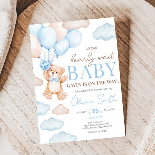 Blue Bear Balloon Baby Shower Invitation