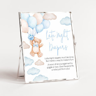 Blue Bear Balloon Baby Shower Late Night Diapers Poster