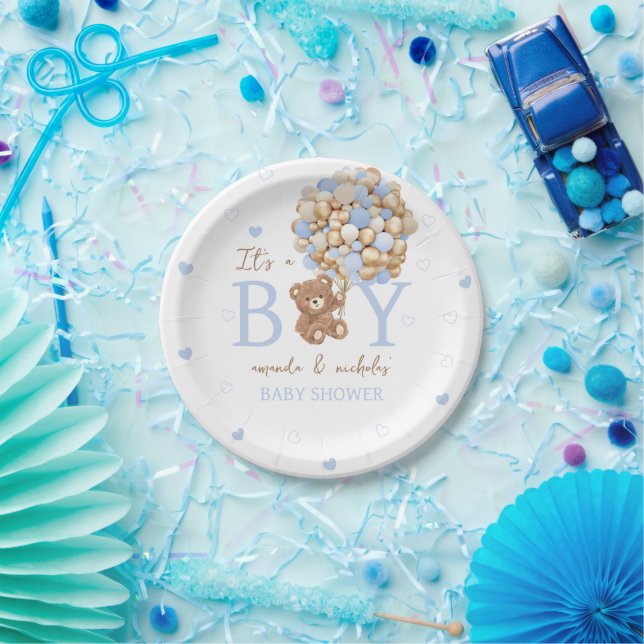 Blue Bear Balloon Baby Shower Paper Plate (Party)