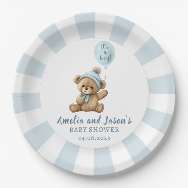 Blue bear balloon baby shower paper plates (Front)