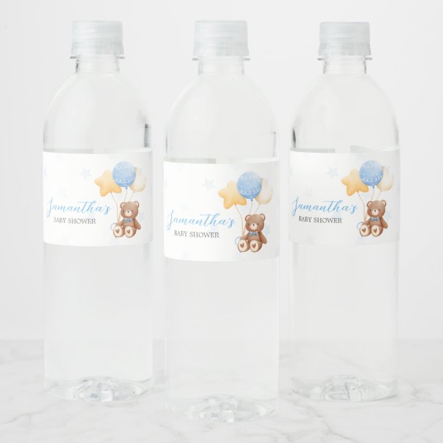 Blue Bear Balloon Baby Shower Water Bottle Label (Bottles)