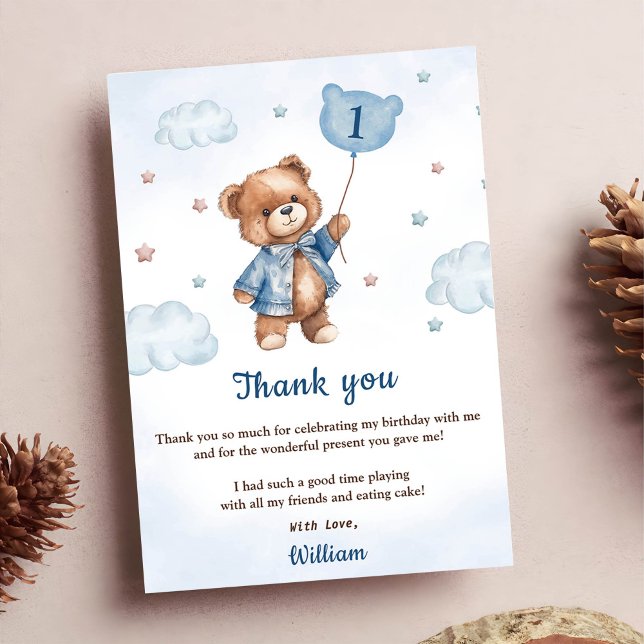 Blue Bear Balloon Birthday Photo Thank You Card (Creator Uploaded)