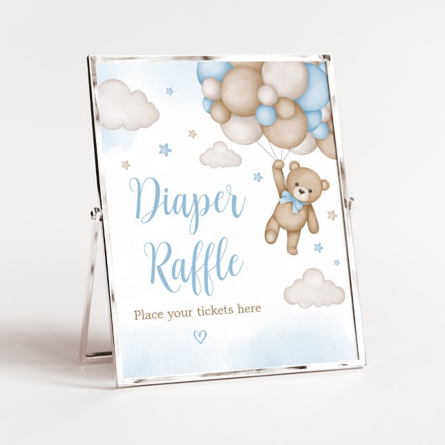 Blue Bear Balloons Baby Shower Diaper Raffle Poster (Blue Bear Baby Shower Diaper Raffle Sign)