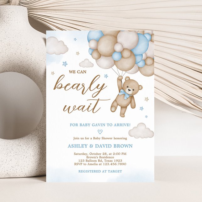 Blue Bear Balloons Baby Shower  Invitation ( Blue Bear Baby Shower Invitation)