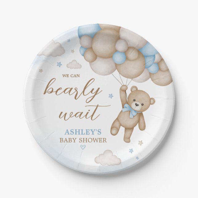 Blue Bear Balloons Baby Shower Paper Plate (Front)