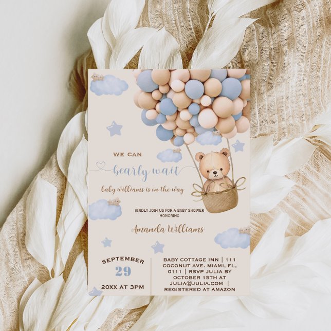 Blue Bear Balloons Bearly Wait Baby Boy Shower  Invitation (Creator Uploaded)