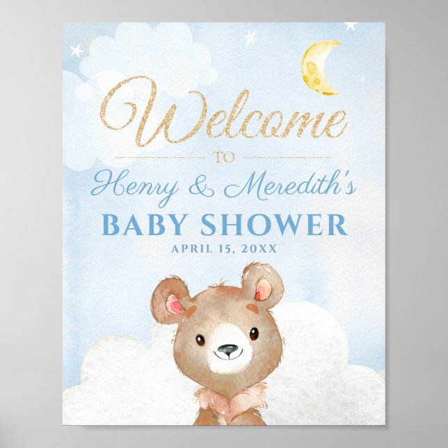 Blue Bear Boy's Baby Shower Welcome Sign Poster (Front)