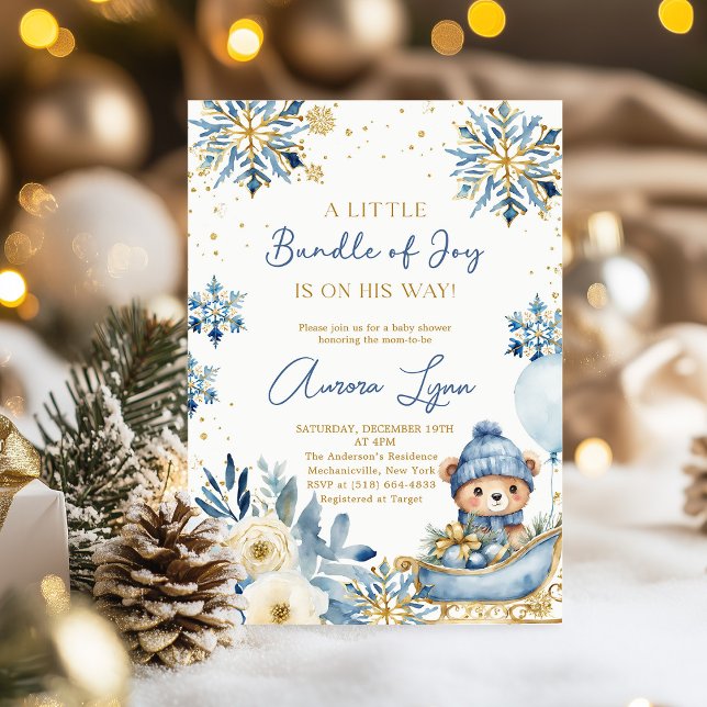 Blue Bear Christmas Winter Boy Baby Shower  Invitation (Creator Uploaded)