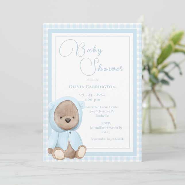 Blue Bear Gingham Vintage Baby Shower Invitation (Standing Front)