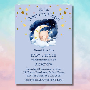 Blue Bear Gold Stars Over the Moon Baby Shower  Invitation