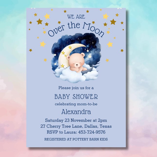 Blue Bear Gold Stars Over the Moon Baby Shower  Invitation (Creator Uploaded)