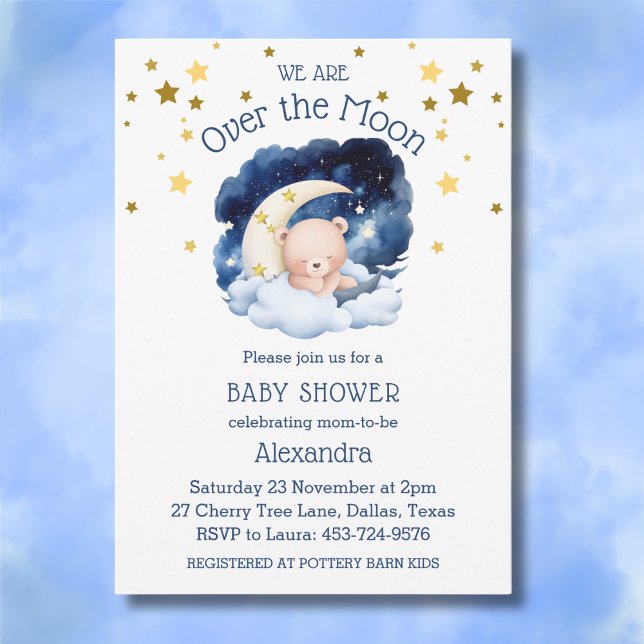 Blue Bear Gold Stars Over the Moon Baby Shower  Invitation (Creator Uploaded)