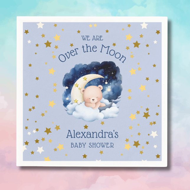 Blue Bear Gold Stars Over the Moon Baby Shower Napkin (Creator Uploaded)