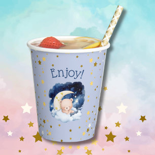 Blue Bear Gold Stars Over the Moon Baby Shower Paper Cups