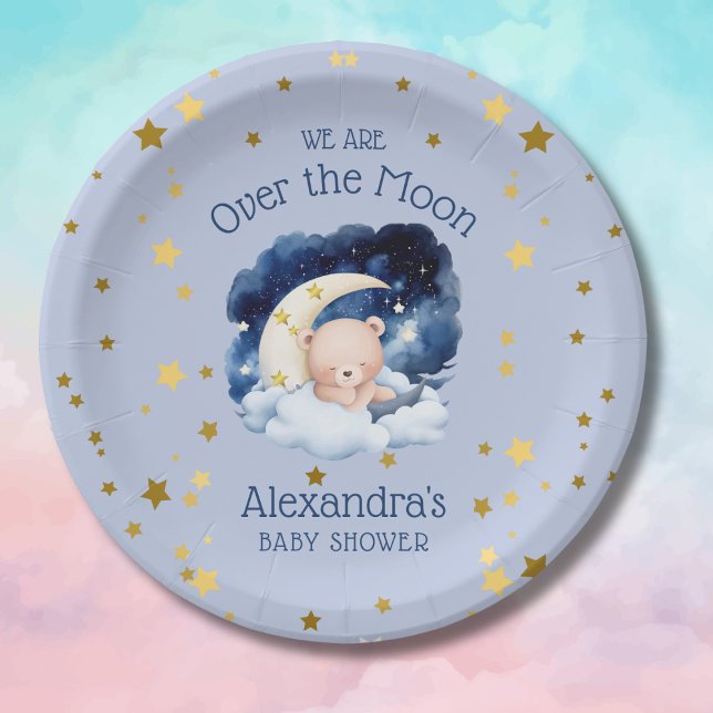 Blue Bear Gold Stars Over the Moon Baby Shower Paper Plate (Creator Uploaded)