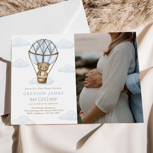 Blue Bear Hot Air Balloon Baby Boy Shower Photo Invitation (Creator Uploaded)