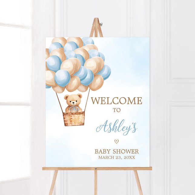 Blue Bear Hot Air Balloon Baby Shower Welcome Poster (Boy Boho Bear Baby Shower Welcome Sign)
