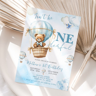 Blue Bear Hot Air Balloon Boys 1st Birthday Invitation