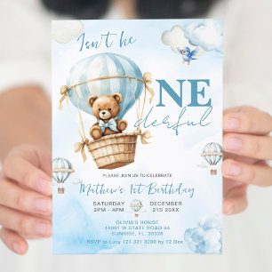 Blue Bear Hot Air Balloon Boys 1st Birthday  Invitation