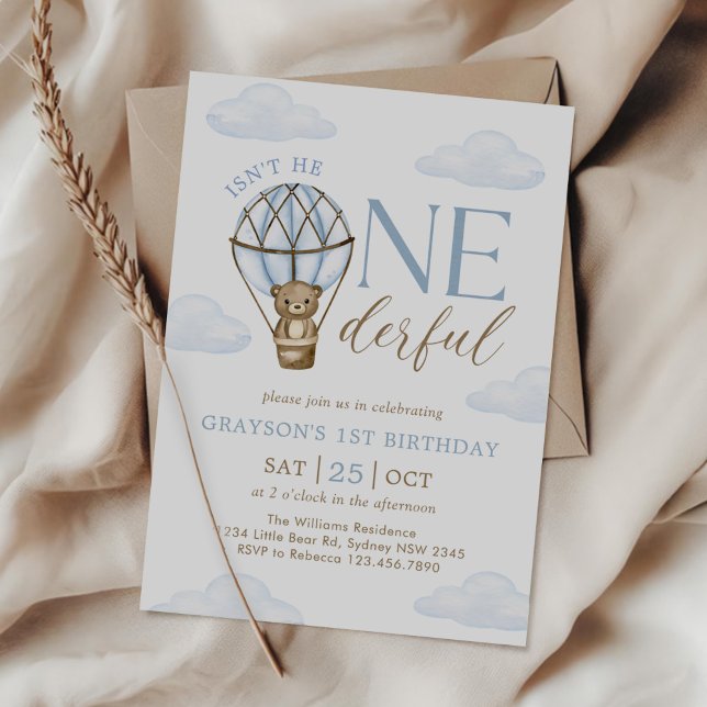 Blue Bear Hot Air Balloon Boys 1st Birthday Invitation (Creator Uploaded)