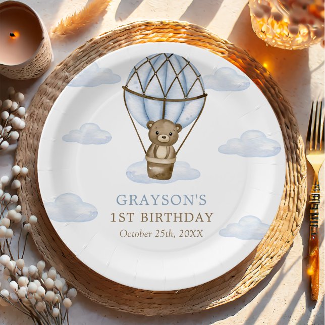 Blue Bear Hot Air Balloon Boys 1st Birthday Paper Plate (Creator Uploaded)