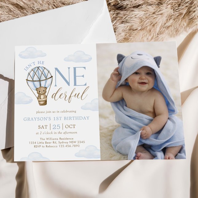 Blue Bear Hot Air Balloon Boys 1st Birthday Photo Invitation (Creator Uploaded)