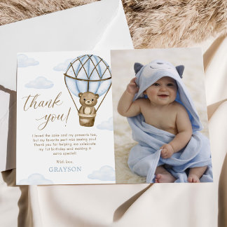 Blue Bear Hot Air Balloon Boys 1st Birthday Photo Thank You Card