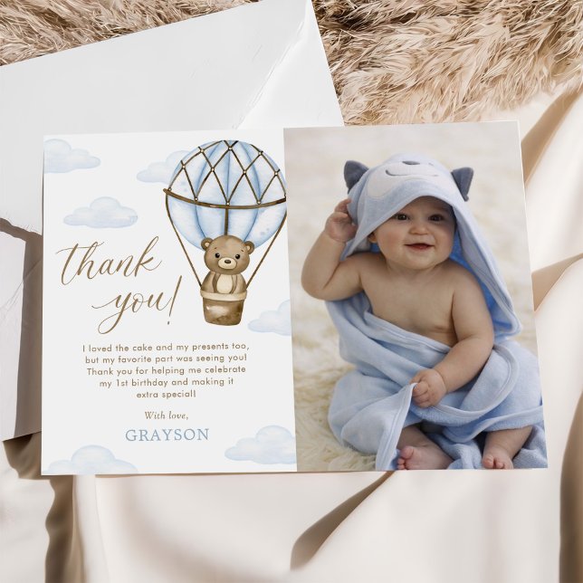 Blue Bear Hot Air Balloon Boys 1st Birthday Photo Thank You Card (Creator Uploaded)