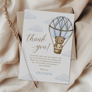 Blue Bear Hot Air Balloon Boys 1st Birthday Thank You Card