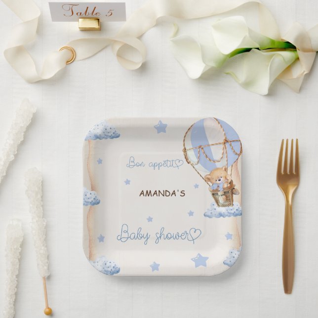 Blue Bear Hot Air Balloons Baby Shower Rustic Paper Plate (Wedding)
