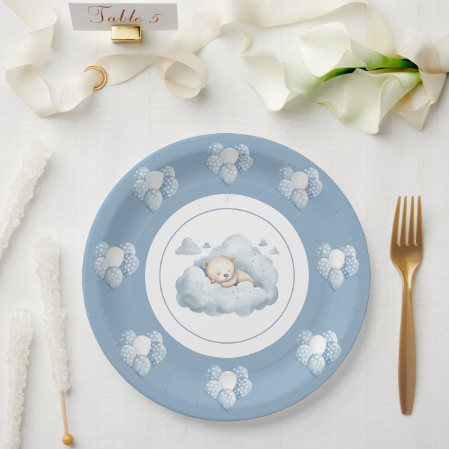 Blue Bear on a Cloud Balloons Paper Plate (Wedding)