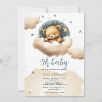 Blue bear on clouds baby shower invitation