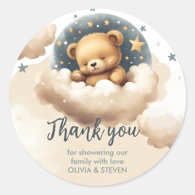 Blue bear on clouds baby shower invitation  classic round sticker (Front)