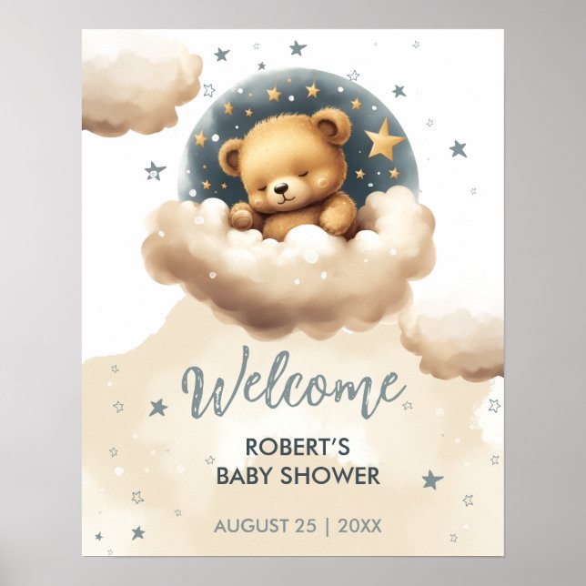 Blue bear on clouds baby shower invitation  poster (Front)