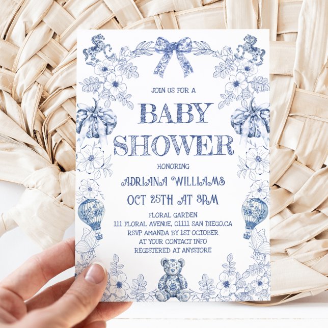 Blue Bear Pumpkin Toile Boy Baby Shower Invitation (Creator Uploaded)