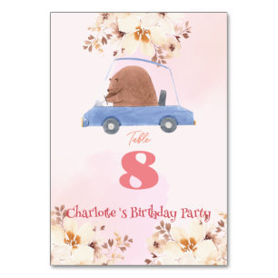 Blue Bear Race Car Tropical flower Birthday party  Table Number
