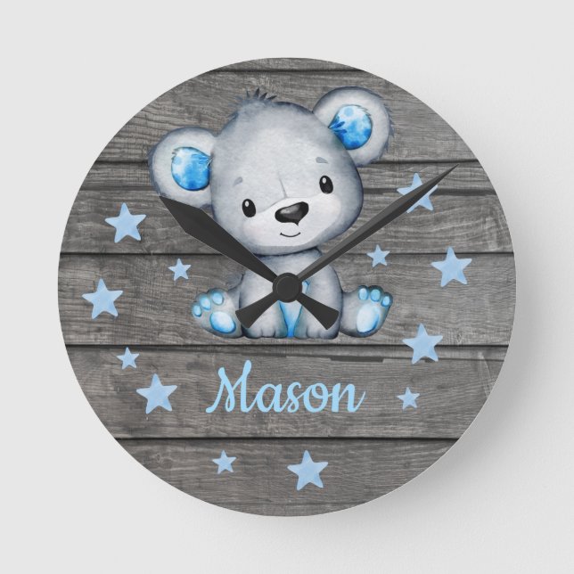 Blue Bear Rustic wooden Acrylic Wall Clock, Round Clock (Front)
