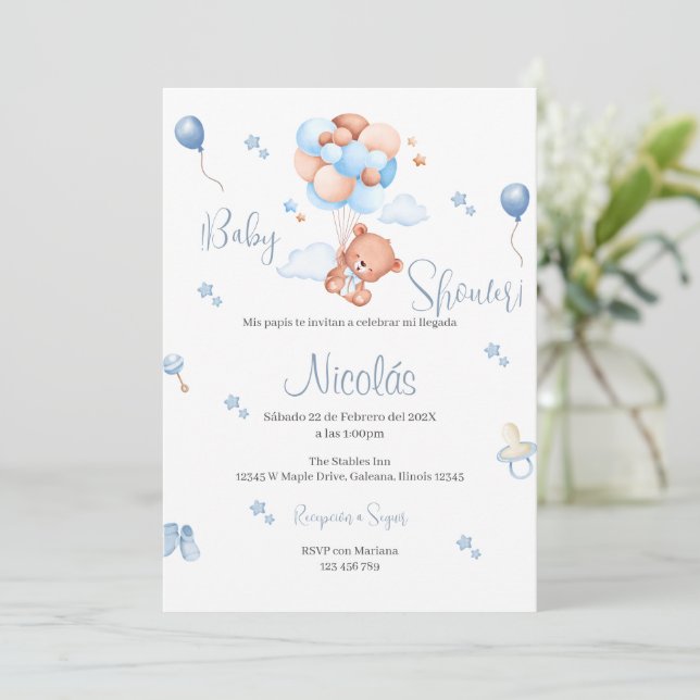 Blue Bear Spanish Baby Shower Boy invitation (Standing Front)