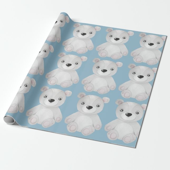 Blue Bear Watercolor Boy Baby Shower Wrapping Pape Paper (Unrolled)