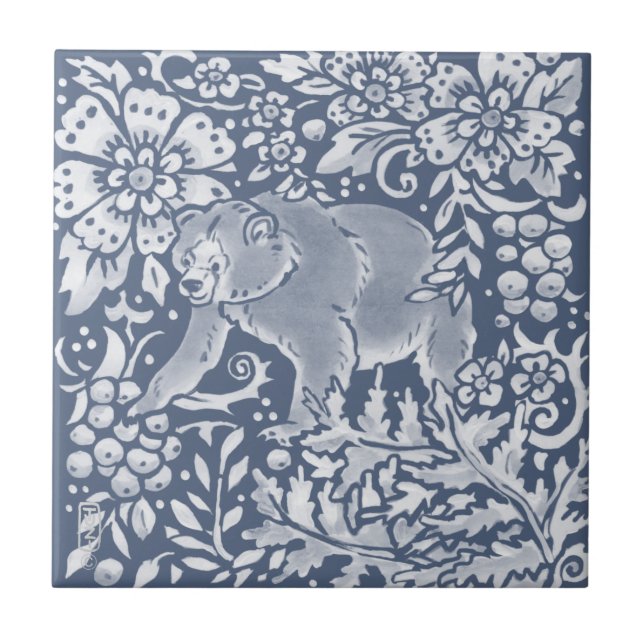 Blue Bear Woodland Forest Animal Floral Tile (Front)