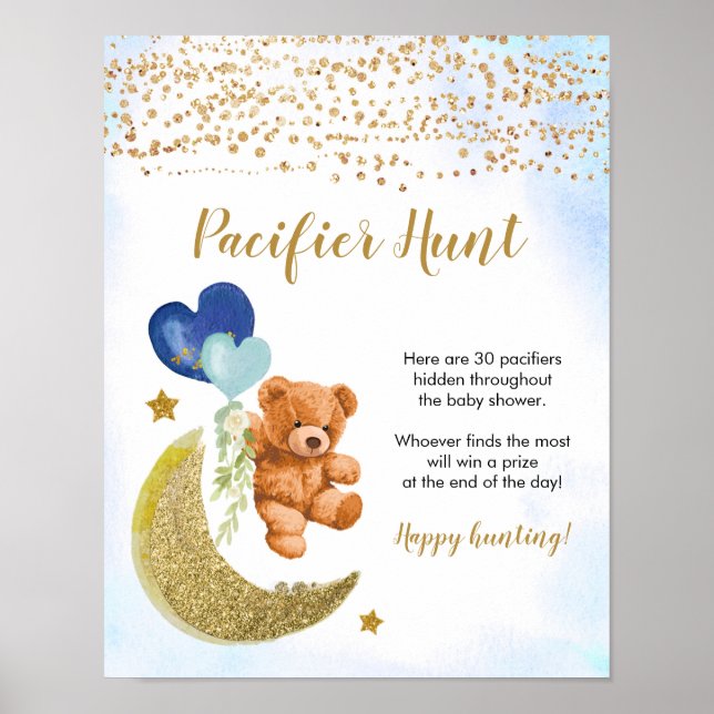 Blue Bearly Baby Shower Pacifier Hunt Poster (Front)